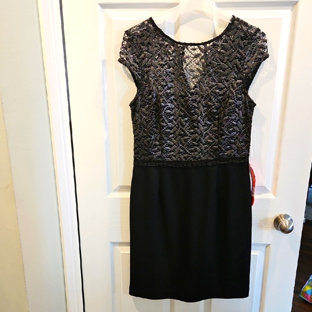 Sandra Darren Black and silver lace Sheath Mini Dress Sz 10